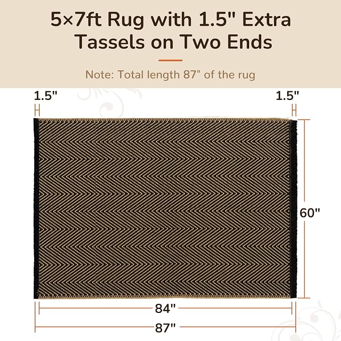 5x7 Washable Boho Area Rug with Tassels for Living Room Black Beige | Vacuum Friendly, Machine Washable, Non-Slip Rug, Modern Farmhouse Neutral Decor Carpet, Bedroom Dining Room Office Kitchen
