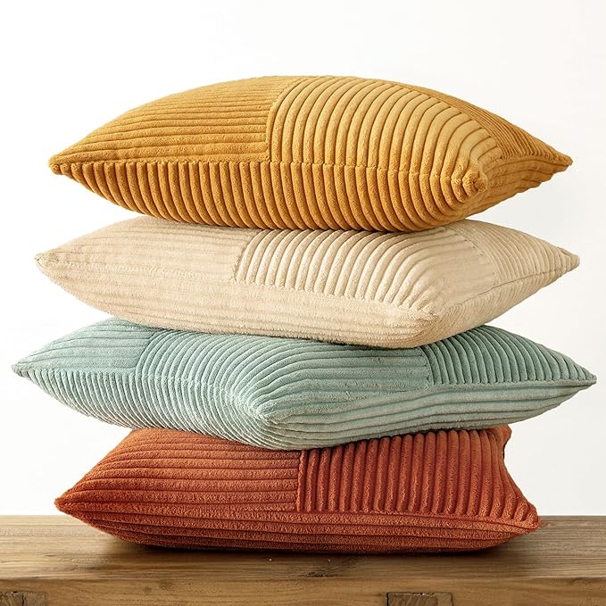 MIULEE Fall Teal-Orange Decorative Throw Pillow Covers 22x22 Inch Set of 4 Boho Corduroy Striped Cushion Cases Modern Farmhouse Patchwork Pillow Cases for Couch Sofa Bedroom Home Decor