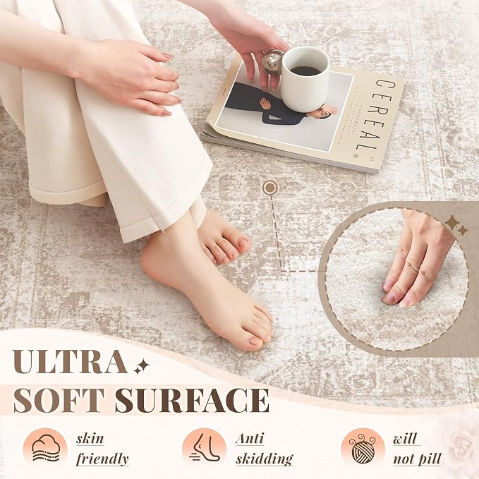 Area Rug 4x6 Vintage Rug: Washable Indoor Medallion Rugs Low Pile Distressed Floor Carpet Retro Accent Rug for Living Room Bedroom Kitchen Dining Table Home Office(Beige, 4'x6')