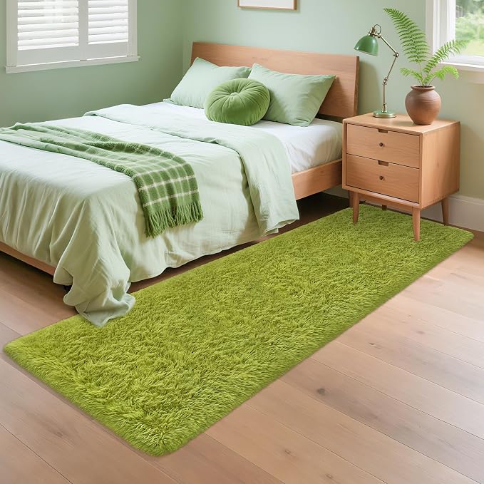 Soft Grass Green Fluffy Rug for Bedroom Living Room, 2x8 ft Fuzzy Green Shag Rug Runner Carpet for Hallways Entryway Nursery Bedside Kids Room Teen Dorm Home Decor Indoor