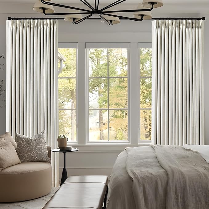 IVAPUPU Linen Pinch Pleated Blackout Curtains for Bedroom - 100% Black Out Natural Curtains 102 Inch Long 2 Panel for Living Room Darkening Thermal Insulated Thick Window Drapes with 16pc Hooks
