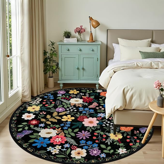 Round Area Rug for Living Room: 8 ft Floral Washable Circle Rug Soft Boho Non-Slip Carpet Indoor Floor Stain Resistant Low Pile Small Circular Rug for Bedroom Entryway Kitchen Nursery Black