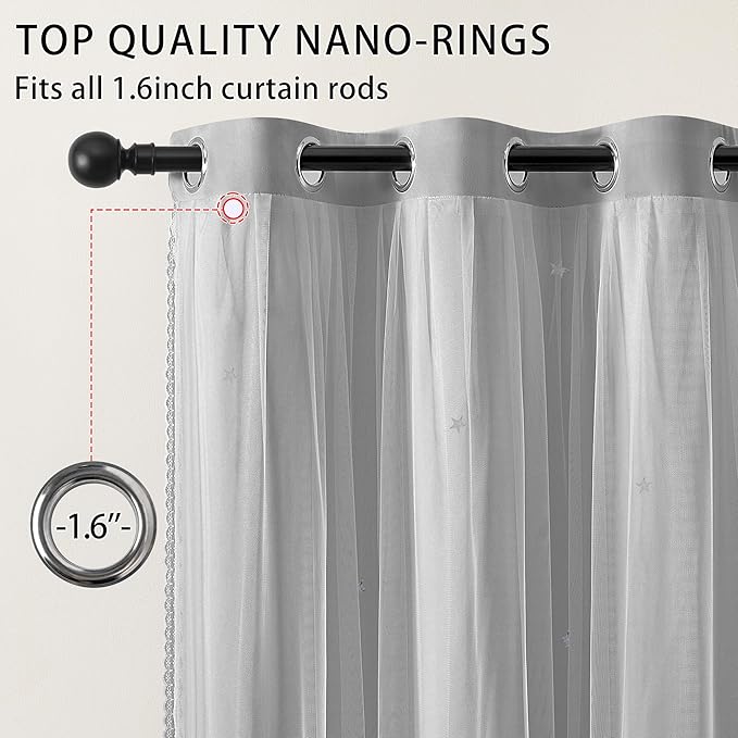 XiDi Grey Curtains for Bedroom Living Room 2 Panels Thermal Insulated Kids Curtain Hollow-Out Star Window Nursery Curtains 63 Inches Long Room Darkening Grommet Window Treatments Light Grey W34 x L63