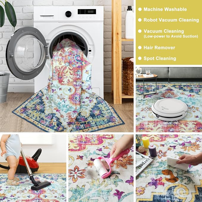 Mandala - Indoor Area Rugs 4x6 Washable, Stain Resistant Machine Washable Rugs for Living Room, Bedroom, and Modern House Décor - Durable Polyester Material, Colorful Patterned - Blue