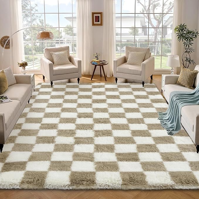 Garvee Checkered Rug 5x8 Super Soft Shaggy Rugs Fluffy Carpets Fluffy Fuzzy Rug for Living Room Bedroom,Checkered Fluffy Rugs for Girls Kids Room, Shag Plush Carpet for Teen Room Decor, Taupe-White