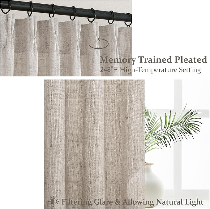 Grayish Brown Thick Burlap Semi Sheer Curtains 96 Inches Long for Bedroom 2 Panels Set, Pinch Pleated Linen Blend Tan Light Filtering Curtain with Hooks Back Tab Memory Trained Viral Window Drapes 8FT
