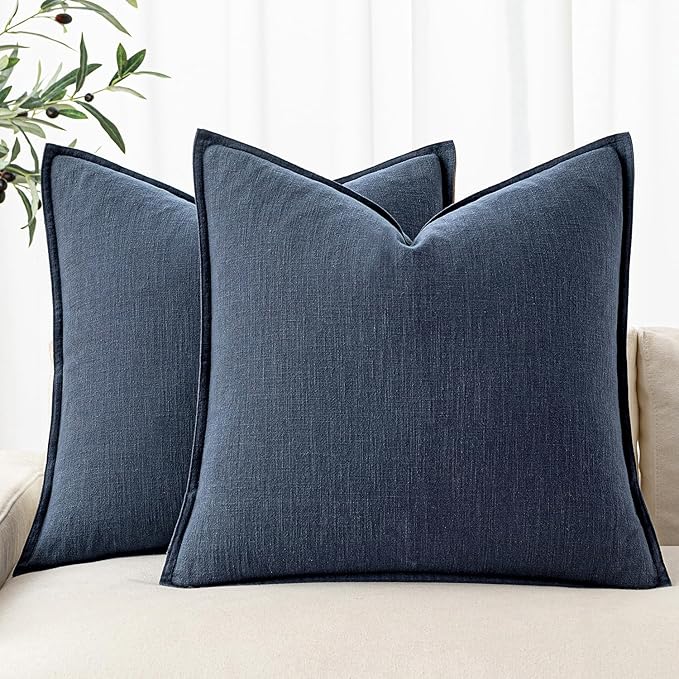 MIULEE Decorative Linen Pillow Covers 18x18 Inch Indigo Blue | Boho Farmhouse Neutral Couch Throw Pillows for Bed, Pack of 2 Accent Coastal Modern Pillowcases, Sofa Livingroom Home Decor
