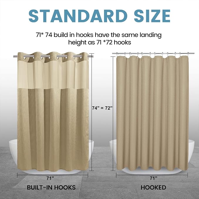 EUTXL Heavyweight Beige No Hook Shower Curtain with Snap in Liner,256GSM Waffle Weave Shower Curtains for Bathroom,71W x 74H