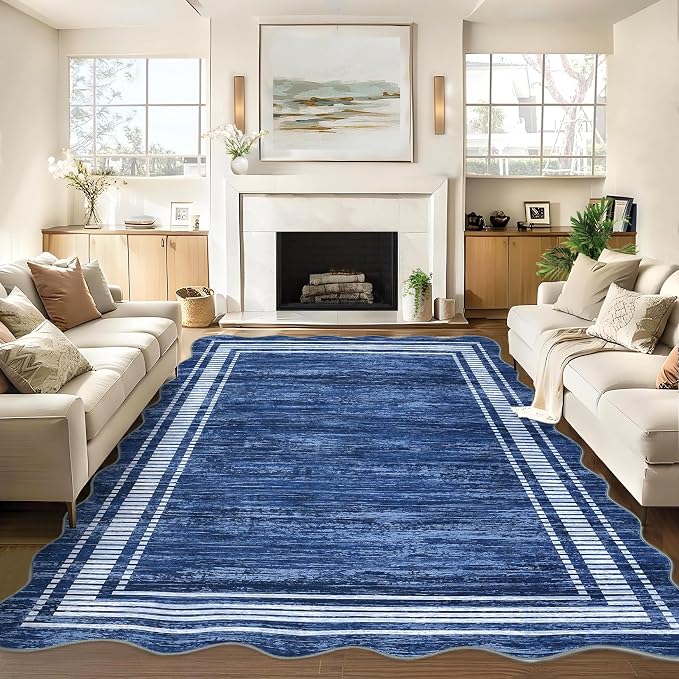 Garvee Scalloped Modern Abstract Rug 5x7 Washable Rug for Bedroom, Non-Slip Non-Shedding Soft Living Room Rug, Minimalist Scalloped Low-Pile Throw Carpet for Dining Room Home Office, Navy Blue | Rugs for Living Room, Non-Slip Soft Carpet for Bedroom, S...