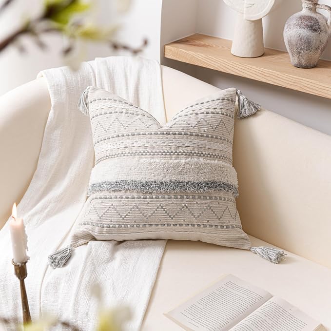 BlissBlush 20X20 Throw Pillow Cover, Cream Neutral Square Decorative Cushion Cover with Gray Pattern, Boho Accent Pillowcase with Tufted Details and Tassels for Couch Sofa Living Room (Cover Only)