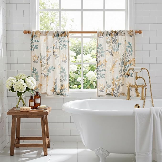 MYSKY HOME Linen Tier Patterned Curtains Over Sink 36 Inch Long Set of 2 Light Filtering Privacy Half Window Curtains with Rod Pocket for Kitchen, Cabinet, Basement, Camper, Yellow and Blue, 30" W