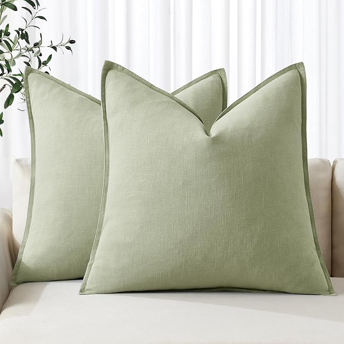 MIULEE Decorative Linen Euro Sham Pillow Covers 22x22 Inch Light Green | Boho Farmhouse Neutral Couch Throw Pillows for Bed, Pack of 2 Accent Modern Pillowcases, Sofa Livingroom Home Decor