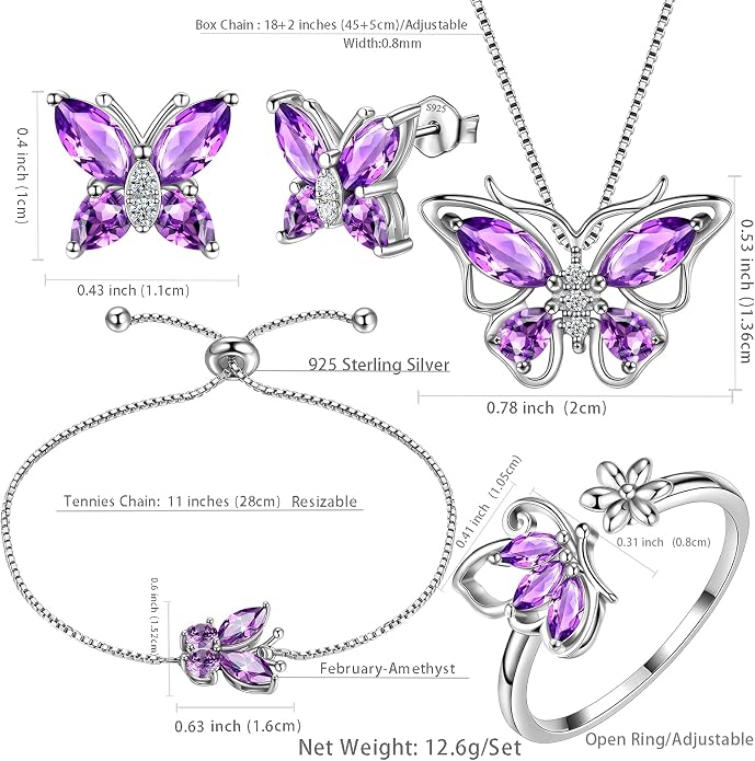 Aurora Tears Butterfly Jewelry,Women 925 Sterling Silver Butterflies Birthstone Pendant Necklace/Earrings/Rings Wedding Gift