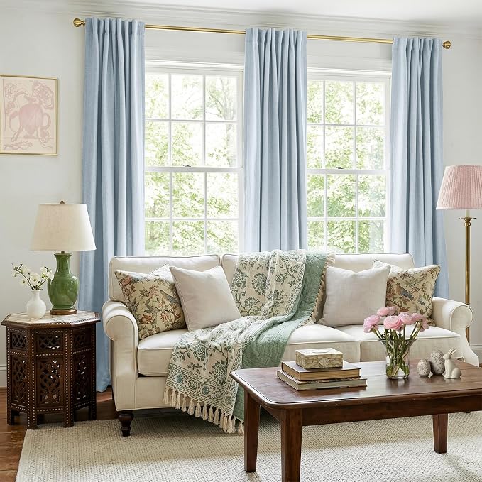100% Blackout Shield Chambray Blue Linen Blackout Curtains for Bedroom 102 Inches Long, Back Tab/Rod Pocket Living Room Drapes, Thermal Insulated Blackout Curtains 2 Panels Set, 50" W x 102" L