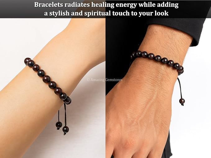 Amazing Gemstone Garnet in Arfvedsonite Bracelet, Gifts for Men & Women - Protection Healing Crystal Bracelet - 8mm Gemstone Beaded Adjustable Bracelet, Pulseras para Hombres Mujer Stocking Stuffers