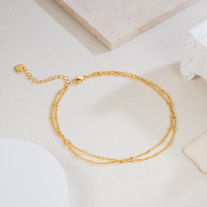 14K Gold Anklets for Women 14K Gold Ankle Bracelets for Women Gold Anklet Bracelets for Womens Layered Design for Natural Depth Layered Anklets for Womens 9.4in+1.6in