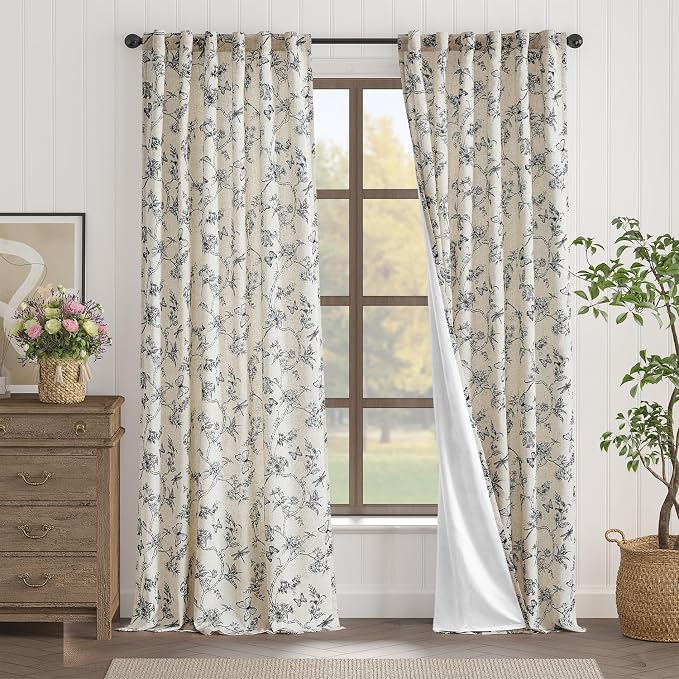 Lazzzy Charlotte Farmhouse Lined Linen Black Floral Curtains 96 Inch Length Back Tab Drapes for Living Room Bedroom Light Filtering Country Vintage Rod Pocket, 2 Panels, Black on Beige