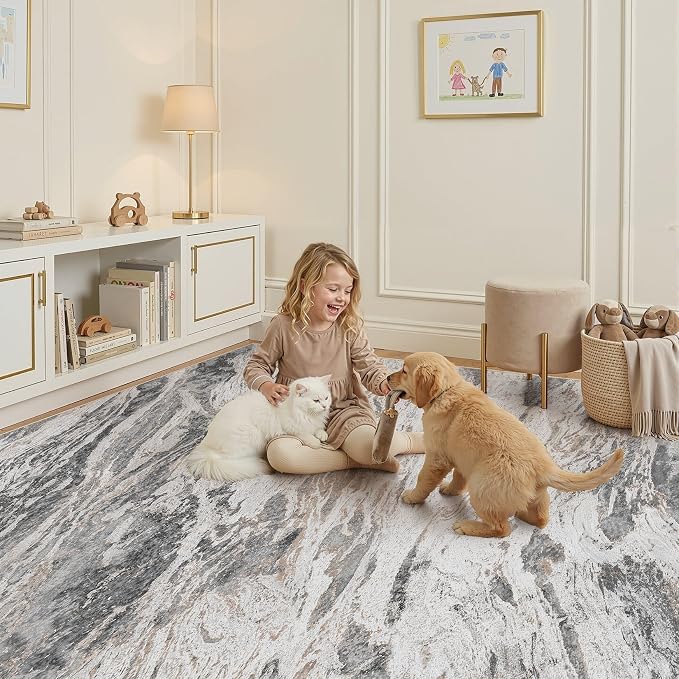 Area Rugs for Living Room: 7X9 Abstract Washable Rug Modern Neutral Large Soft Stain Resistant Non-Slip for Bedroom Dining Room Indoor Home Office Carpet - Taupe