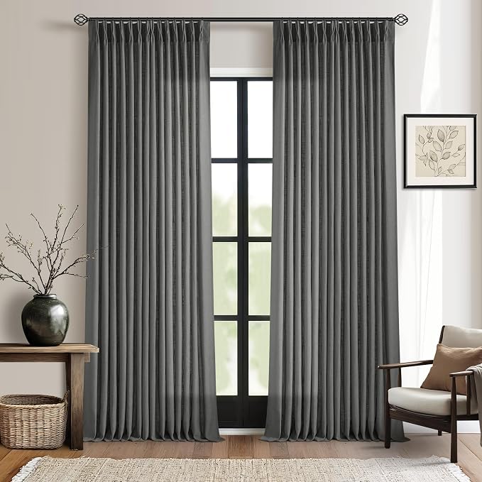 Dark Gray Linen Pinch Pleated Light Filter Curtains 96 Inches Long 2 Panels | Pinch Pleat Drapes Back Tab, Thick Linen Textured, for Living Dining Room, Modern Farmhouse Neutral, Charcoal Slate Grey