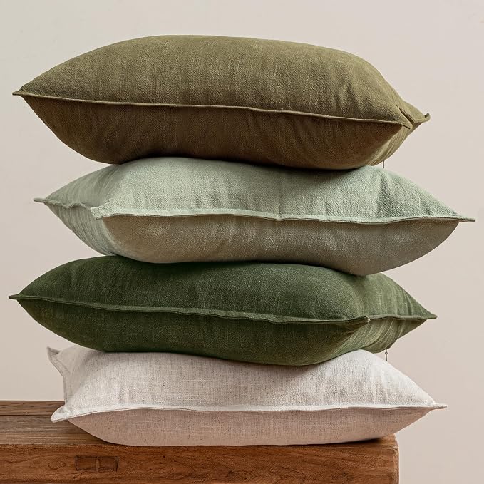 MIULEE Green and White Boho Linen Pillow Covers 18x18 Inch Pack of 4 | Natural Throw Pillow Covers Soft Farmhouse Couch Pillowcases Modern Decor for Living Room Bed Sofa