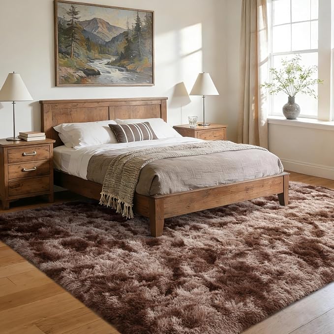 Large Shaggy 6x9 Area Rugs for Living Room Decor, Non-Slip Tie-Dyed Rugs for Bedroom Kids Playroom Dorm Room, High Pile Ultra Soft Carpet, Brown
