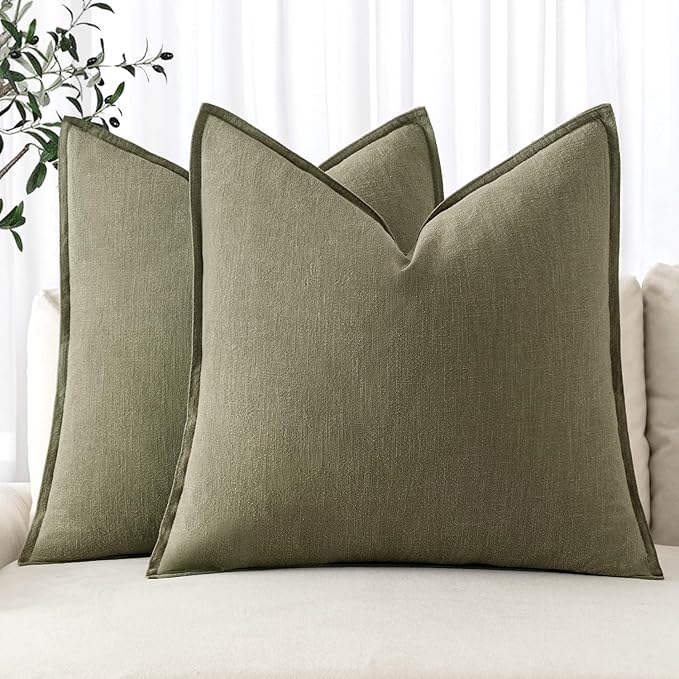 MIULEE Decorative Linen Euro Sham Pillow Covers 22x22 Inch Light Olive Green