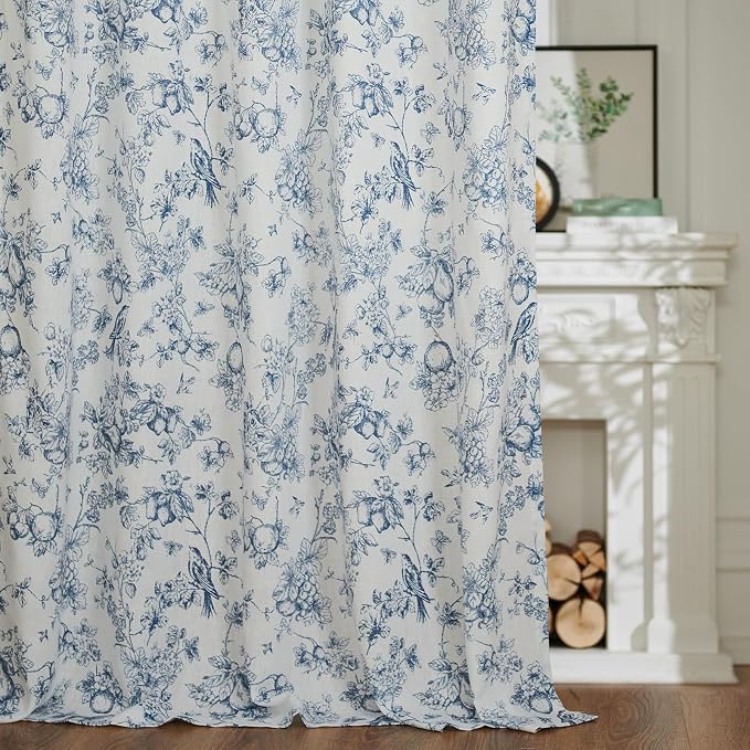 jinchan Linen Floral Curtains for Living Room 96 Inch Length Blue Printed Flower French Country Curtain Farmhouse Cottage Core Toile Curtains Back Tab Light Filtering Window Drapes Set 2 Panels