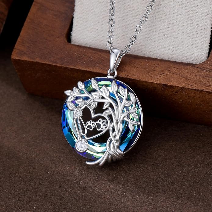 Birthstone Veterinary Stethoscope Necklace 925 Sterling Silver Nurse Vet Pendant with Dog Paw Nurse Jewelry Gifts for Veterinarian Nurse Women Veterinarian Gifts