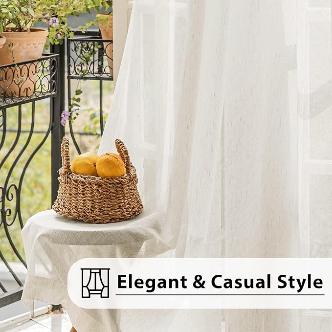 FMFUNCTEX Beige Flax Linen Sheer Curtains 54 Inch Long Rod Pocket 2 Panels | Natural Semi Sheer Window Drapes for Bedroom and Living Room, Farmhouse French Kitchen Window Curtain Light Filtering Privacy