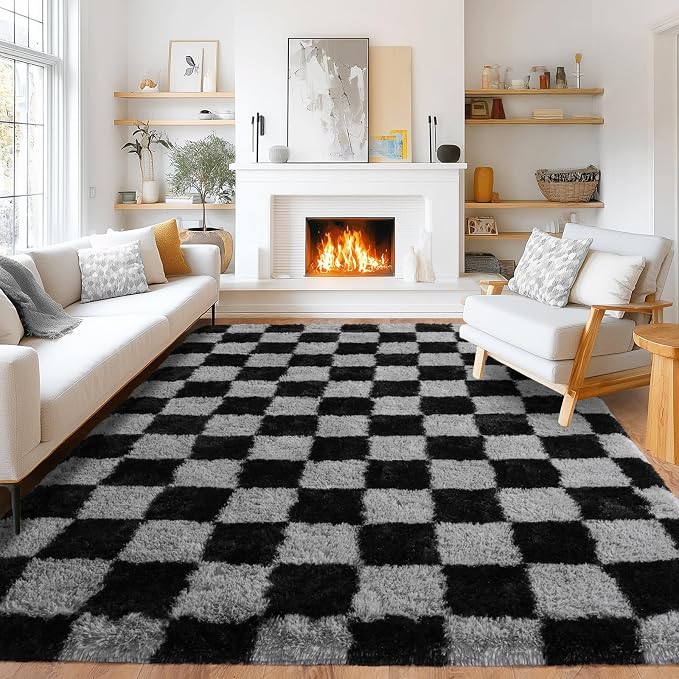 Pionblank 9x12 Area Rug, Large Fluffy Checkered Rugs for Living Room, Shag Rug for Bedroom, Soft Non Slip Shag Carpet for Kids Room Nursery Home Decor, Black and Grey