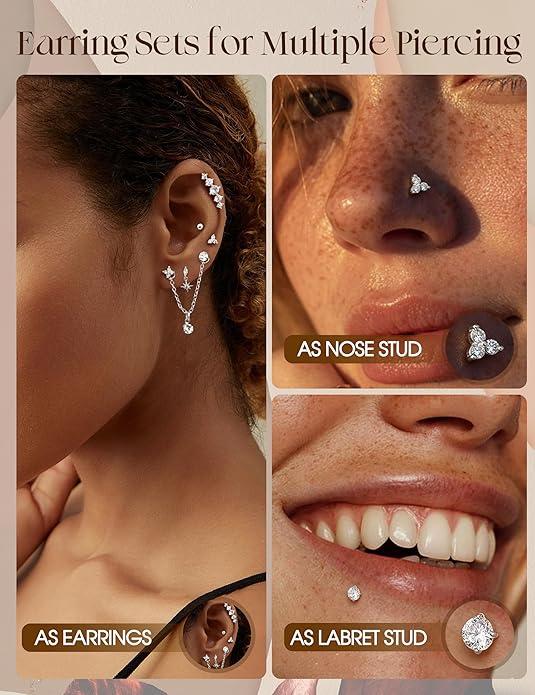 ORAZIO 16G/18G/20G Threadless Flat Back Earrings 316L Surgical Steel Cartilage Earring Stacks Flatback Push in Nose Rings Studs Hypoallergenic Tragus Helix Conch Labret Medusa Piercing Jewelry