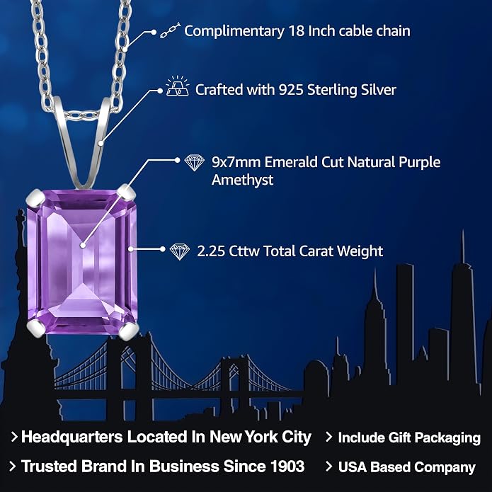 Gem Stone King Emerald Cut Pendant Necklace For Women | 925 Sterling Silver | Emerald Cut 9X7MM | Gemstone Birthstone | Fine Jewelry for Her Mom Wife | With 18 Inch Silver Chain