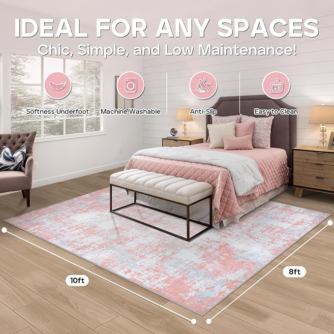 Pink Rug Carpet 8x10 Area Rugs for Bedroom Girls: Washable Modern Rug for Living Room Dining Room Non Slip Low Pile 8 by 10 Indoor Abstract Home Office