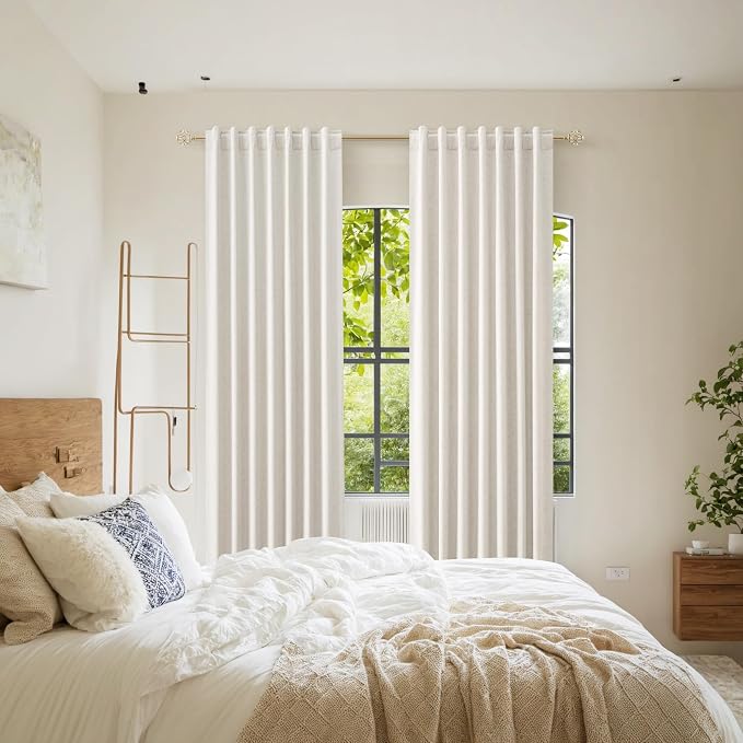 Beige White 100% Blackout Linen Curtains 106 Inch Length 2 Panels Set for Living Room Bedroom Back Tab Thermal Insulated Black Out Drapes Room Darkening Farmhouse Style for Bedroom Window Curtains