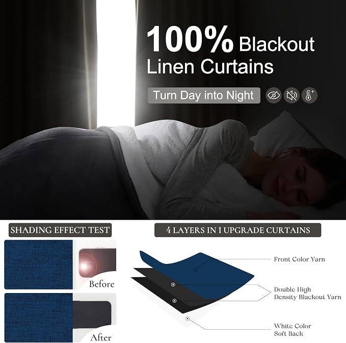 Navy Blue Blackout Curtains 86 Inch Length for Kids/Boys Rooms/Bedroom, Floor to Ceiling Track Pleated Drapes with Hooks Linen Thermal Coastal Curtain Dark Blue Window Burg 50"Wx86"Lx 2Panels Back Tab