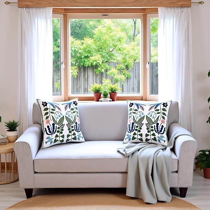 Embroidered Throw Pillow Covers 18x18 Pack of 2 Green and Navy Blue Leaves with Birds Pillow Covers Floral Tufted Pillowcases Summer Decorative Coastal Pillow Cushion Cases