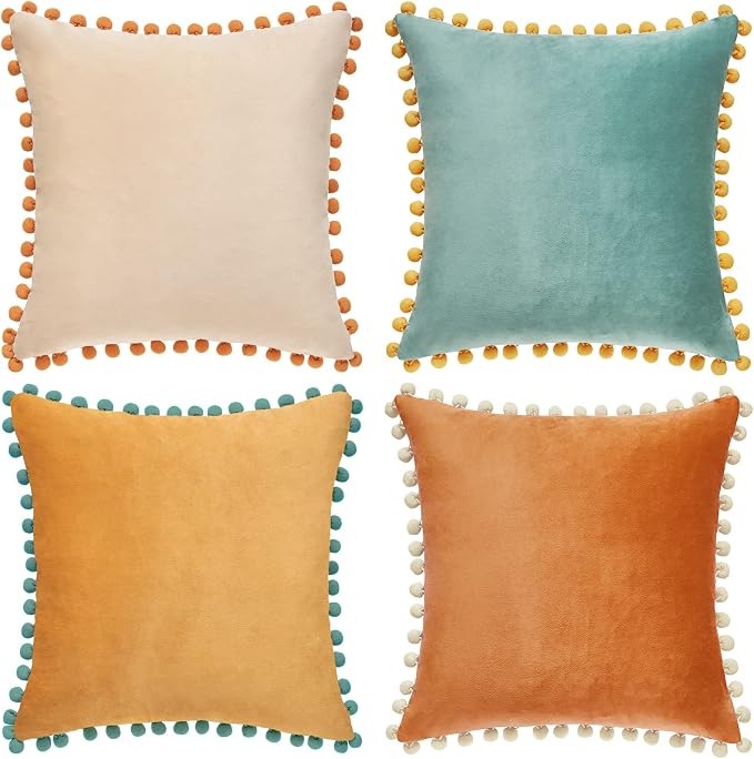 MONDAY MOOSE Decorative Throw Pillow Covers Cushion Cases, Set of 4 Soft Velvet Pom Poms Double-Sided Designs, Mix and Match for Home Decor, Pillow Inserts Not Included (16x16 inch, Orange/Teal)