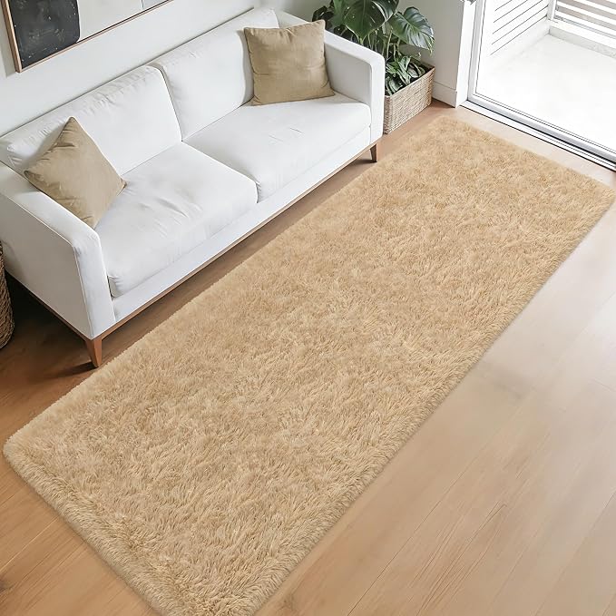 3x10 ft Beige Runner Rugs for Bedroom Living Room, Soft Plush Fluffy Throw Rug Shag Runner Carpet for Hallways Non Slip, Washable Light Beige Rug Carpet for Nursery Kids Girls Room Home Decor