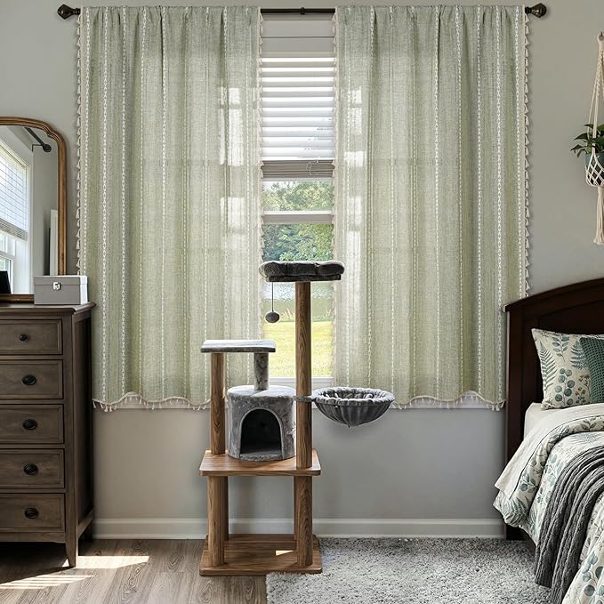 ColorBird Sage Green Boho Curtains Linen-Textured for Living Room Light Filtering Modern Farmhouse Whimsical Decor Drapes Embroidered Striped 63 Inch Length for Dining Room Bedroom