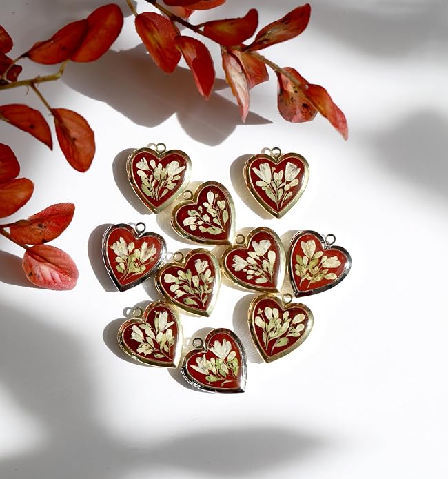 Handmade Dried Pressed Flower Heart Shaped Photo Locket Pendant Necklace