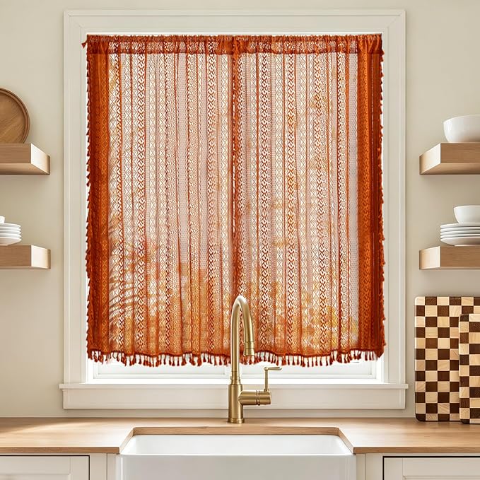 Sutuo Home Terracotta Boho Kitchen Curtains 54 inches Long, Burnt Orange Cottagecore Semi Sheer Privacy Crochet Vintage Tassels Bohemian Lace Window Curtains for Nursery Rod Pocket, 2 Panels 50" W