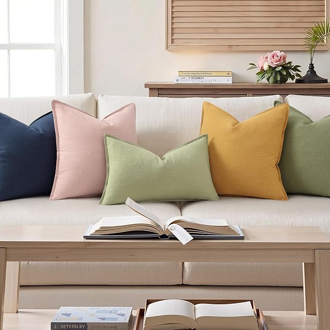 decorUhome Fall Sage Green Linen Throw Pillow Covers 12x20 Set of 2 | Decorative Soft Cozy Modern Farmhouse Boho Accent Pillow Cases with Flange Edges for Couch Bed Sofa Living Room Home Decor