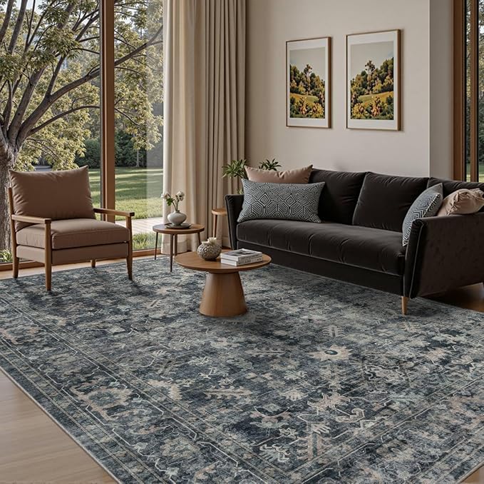 Rugxara Area Rugs 5x7 Washable Rug for Living Room Bedroom, Blue Rug | Non Slip, Rug for Dining Room Dorm Office Farmhouse, Stain Resistant, Soft, Vintage Boho Retro Carpet, Low Pile, Home Decor