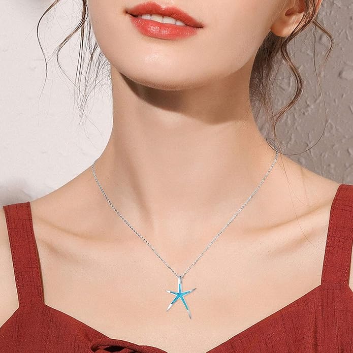 Cuoka Starfish Necklace, 925 Sterling Silver with Opal, Hawaiian Beach Nautical Ocean Pendant, Starfish Jewelry Opal Jewelry Valentine for Women Girlfriend