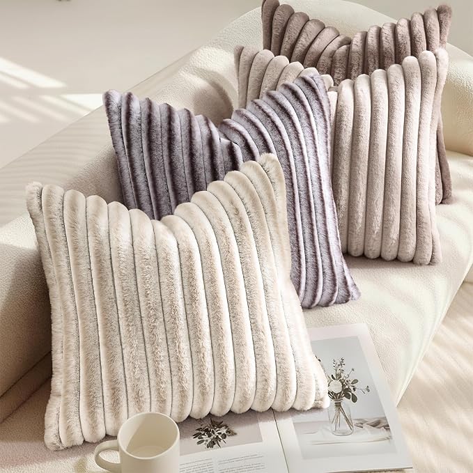 decorUhome Fall Faux Fur Throw Pillow Covers 16x16 Set of 2 Beige White | Decorative Soft Cozy Striped Plush Modern Farmhouse Boho Couch Pillow Cases Velvet Back for Sofa Bed Living Room Home Decor