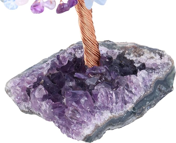 Jovivi Natural Amethyst + Aquamarine + Rose Quartz Healing Crystal Money Tree on Amethyst Cluster Geode Druzy Base Feng Shui Crystals for Home Office Desk Decorations, Wealth, Good Luck