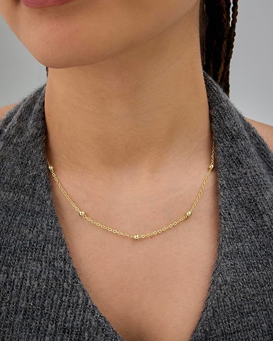 PAVOI 14K Gold Plated Small Bead Ball Chain Necklace for Women - Adjustable Dainty Gold Beaded Necklace - Trendy Choker Chain Layering Jewelry