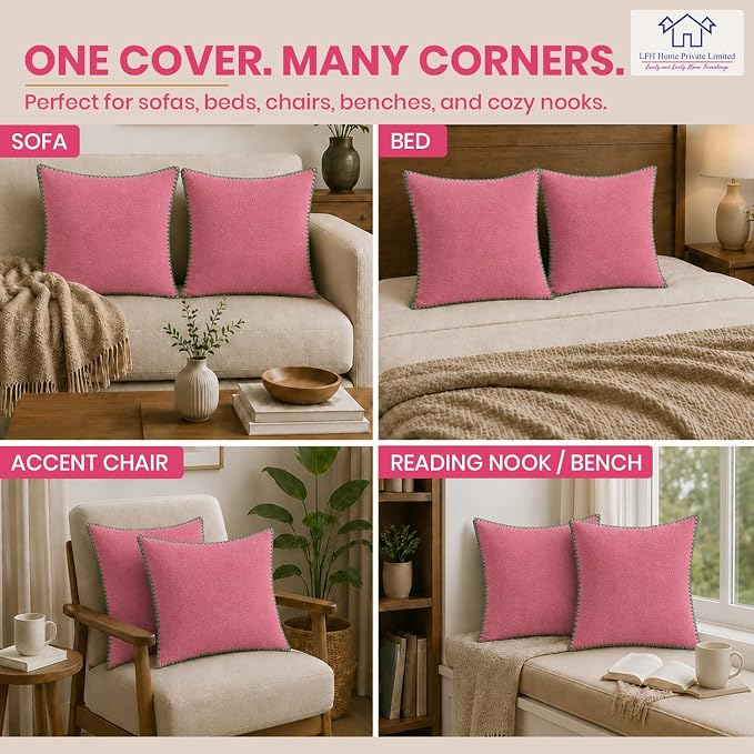 LFH Home Baby Pink Cotton Rich Throw Pillow Covers 18x18 Set of 4, Decorative Cushion Covers with Blanket Stitch Edge, Farmhouse Accent Pillow Cases for Sofa Couch Bed Living Room, 18 x 18 Inch
