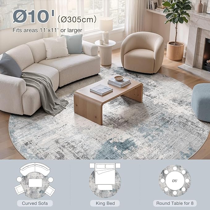 Abstract 10FT Round Rug: Machine Washable Non Slip Ultra Thin Low-Pile Carpet, Soft Stain Resistant for Living Dining Room Bedroom, Kid Pet Friendly, Robot Vacuum Compatible - Grey Blue
