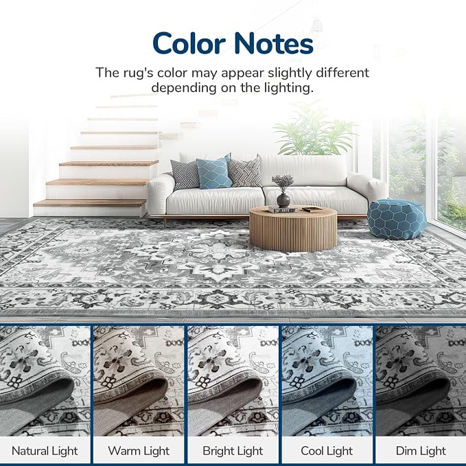Lessymo Washable Area Rugs 6x9- Boho Area Rug Low Pile for Bedroom Living Room Kitchen, Ultra-Soft Faux Wool Vintage Area Rug with Non-Slip Rubber, Kid & Pet Friendly, Grey Cream White